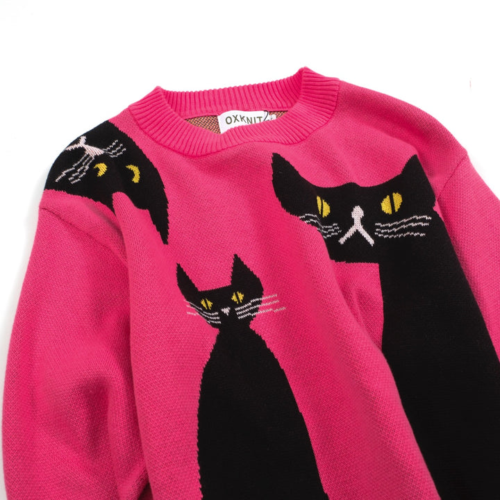 Women's rose jacquard black cat knitwear-Cropped Length