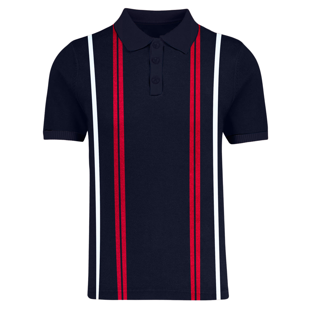 Men's dark blue and red striped knit polo shirt