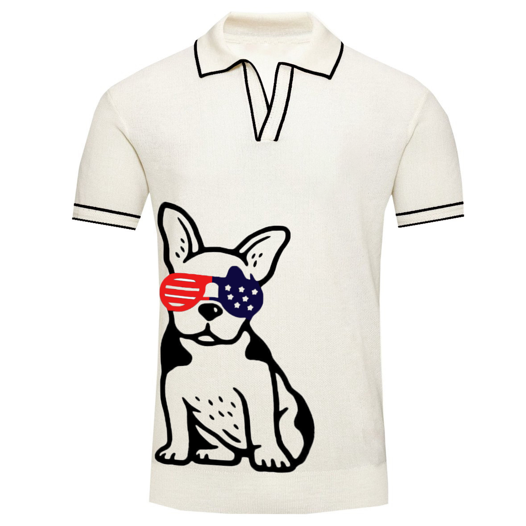 Men's white dog jacquard V-neck knitwear