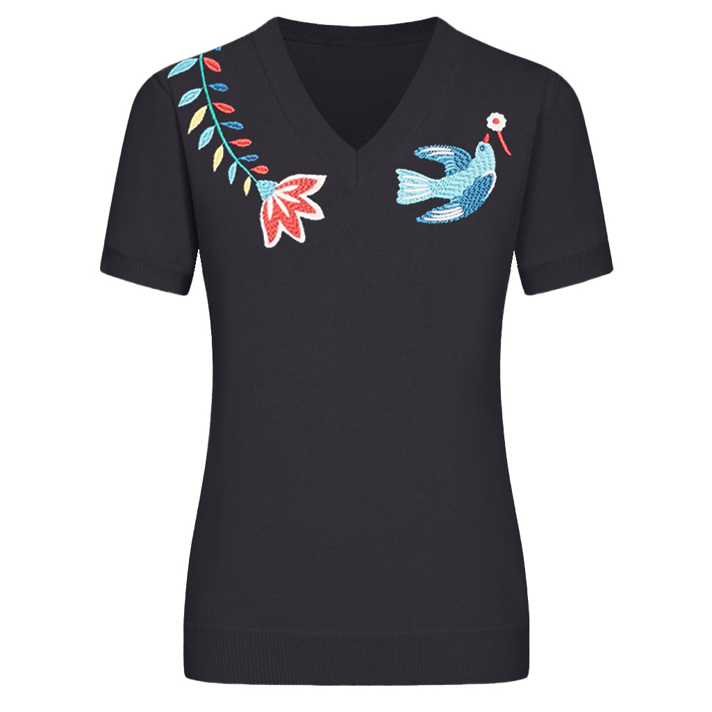 Schwarz gestickte Frauen mit V-Neck-Strickwege mit V-Ausschnitt