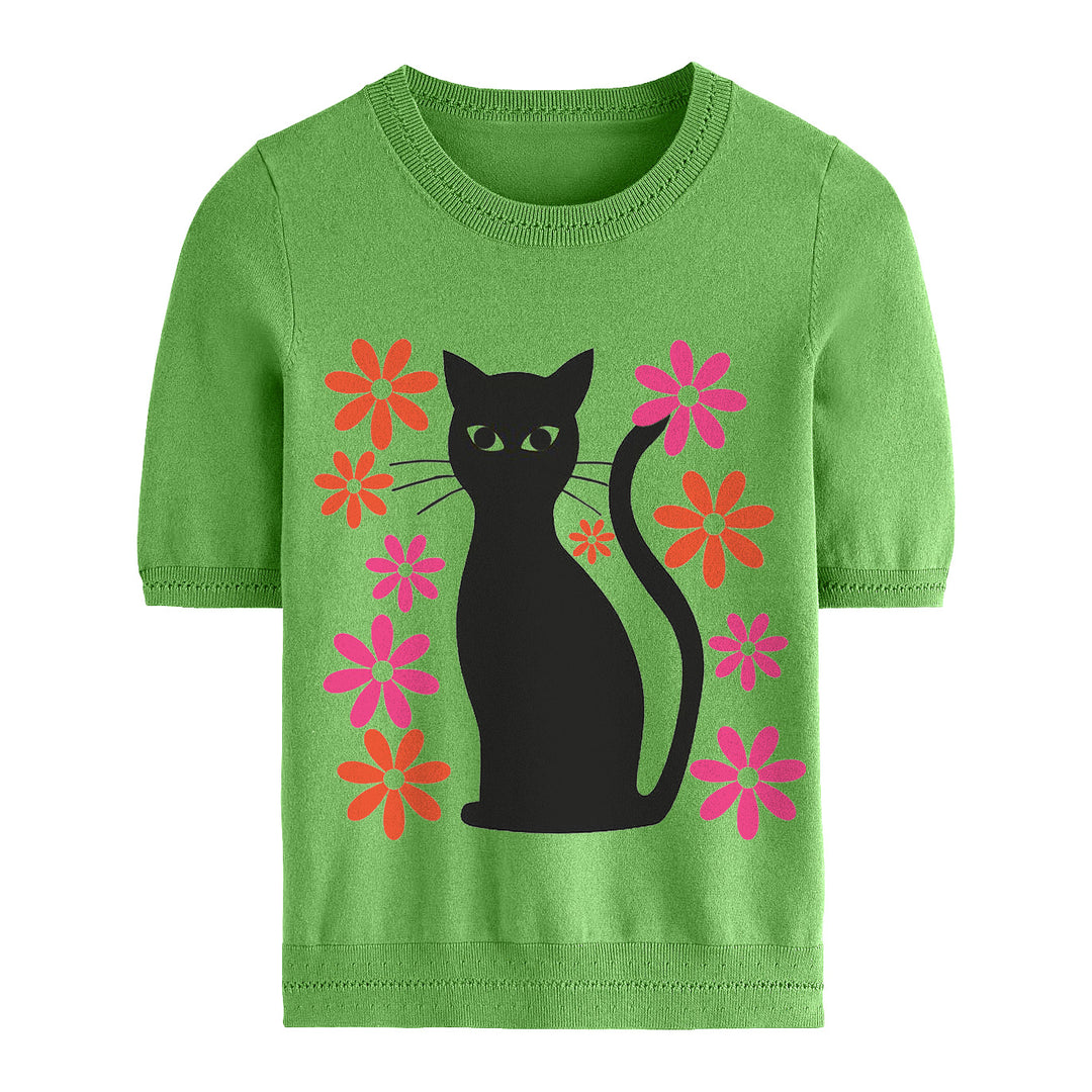 Women's green cat flower short-sleeved knitwear-Cropped Length