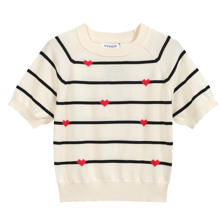 Women's white heart striped knitwear-Cropped Length