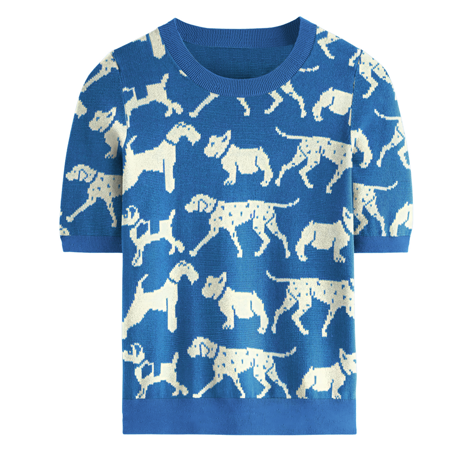 Women's blue jacquard puppy knitwear-Cropped Length