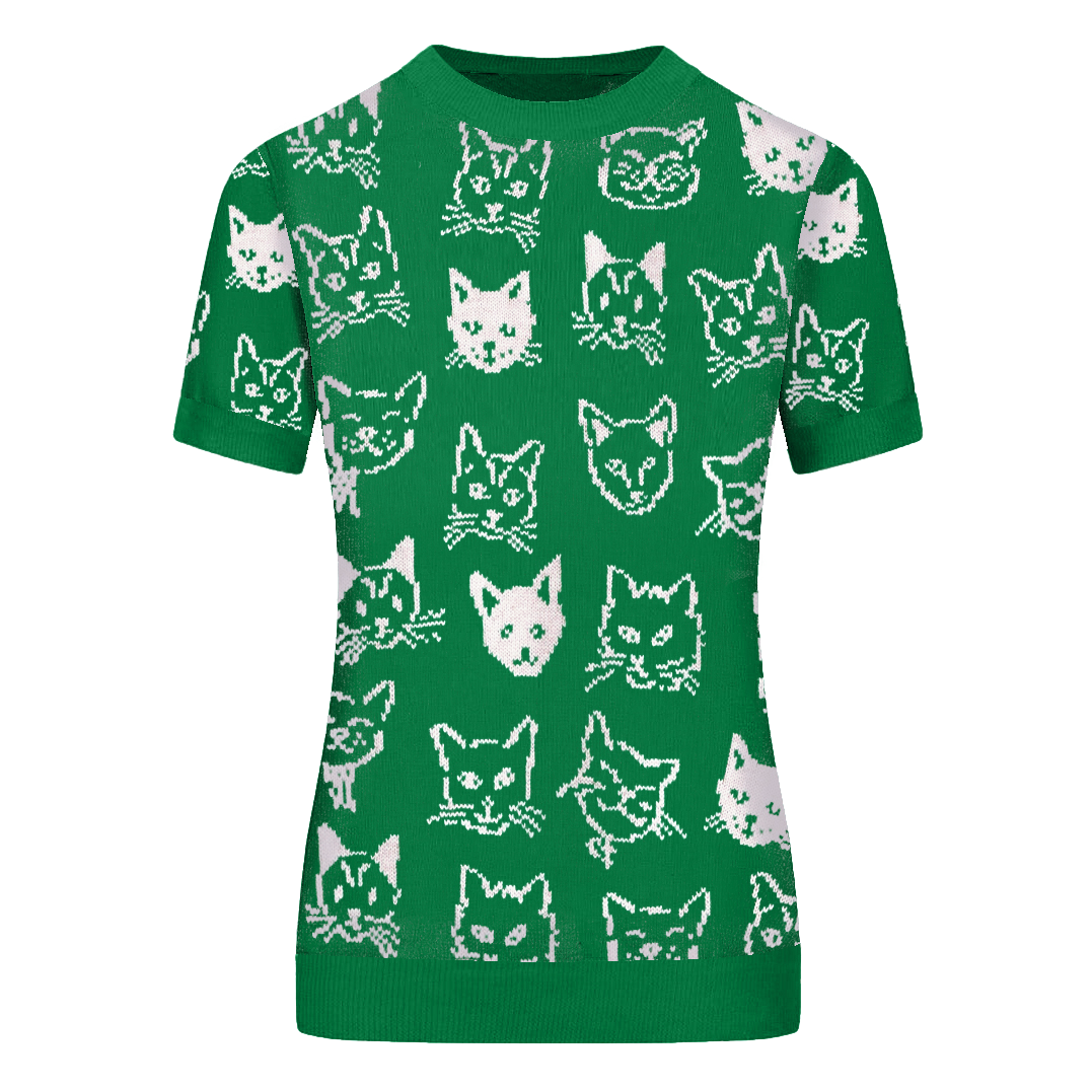 Women's green jacquard cat knitwear