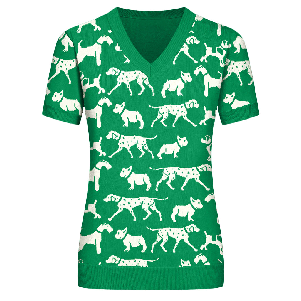 Women's green dog patterned jacquard V-neck knitwear