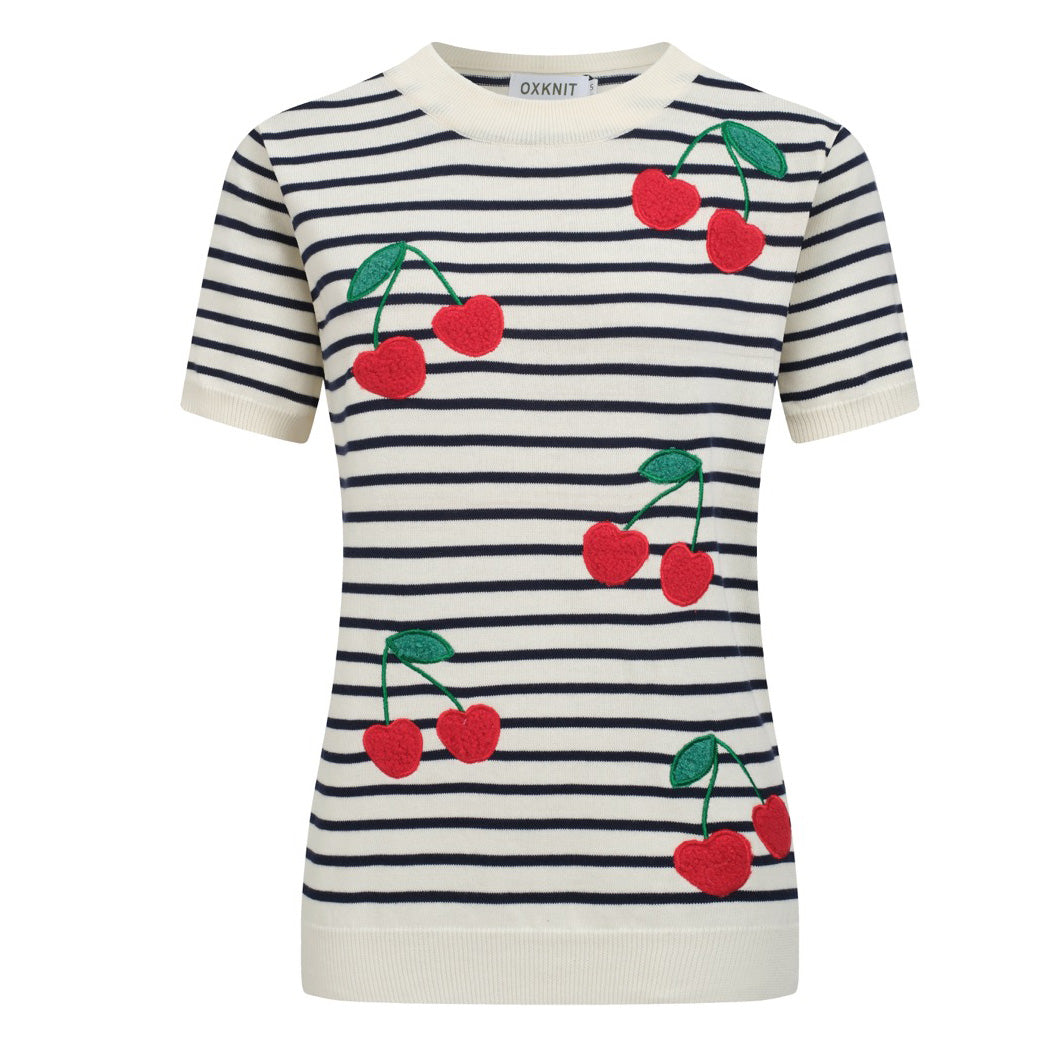 Women's striped cherry embroidery vintage knitwear