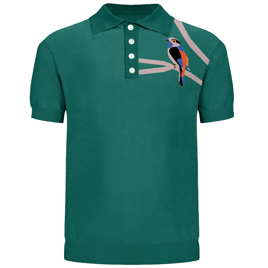 Men's green bird jacquard knit polo shirt