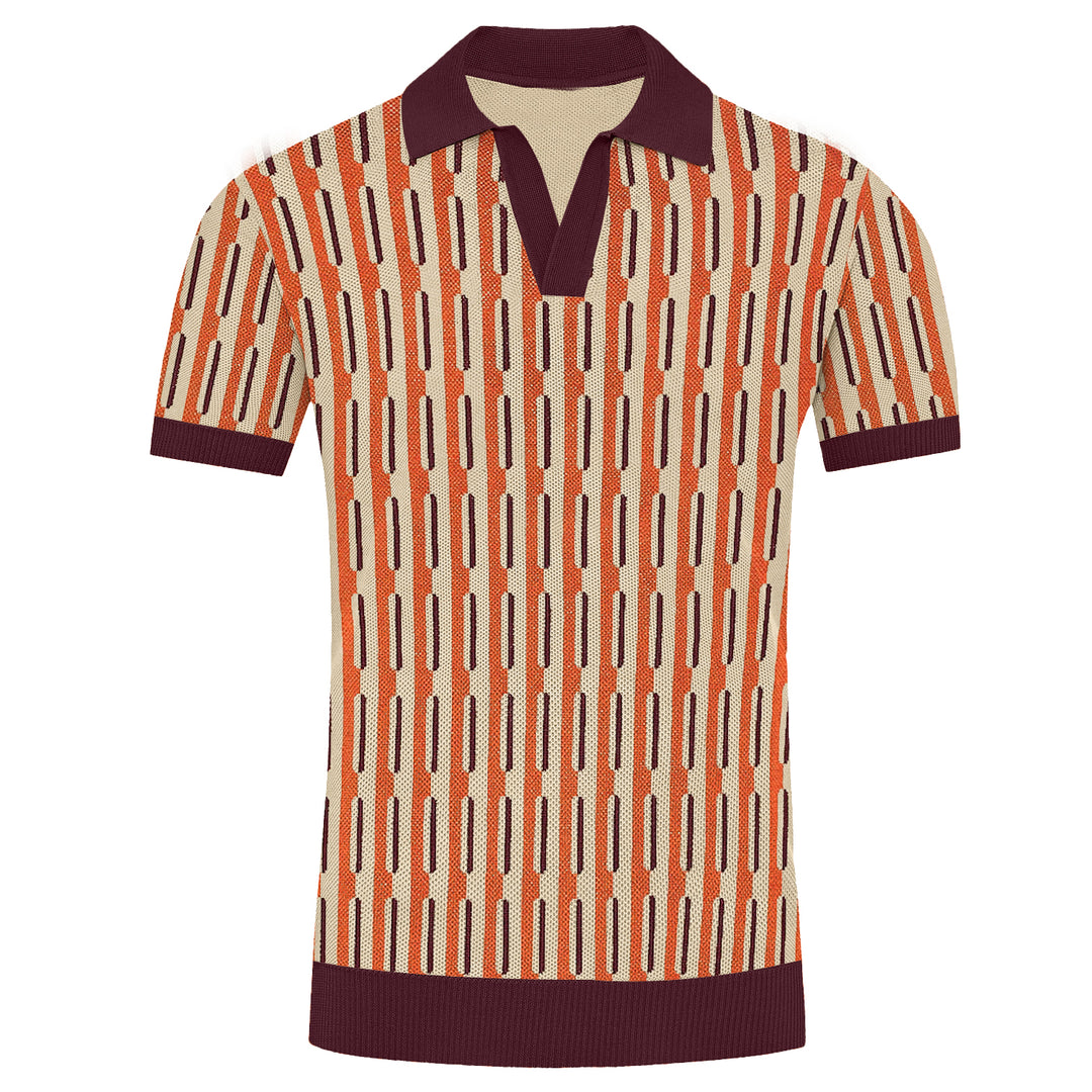 Men's orange 1950s jacquard knit V-neck polo