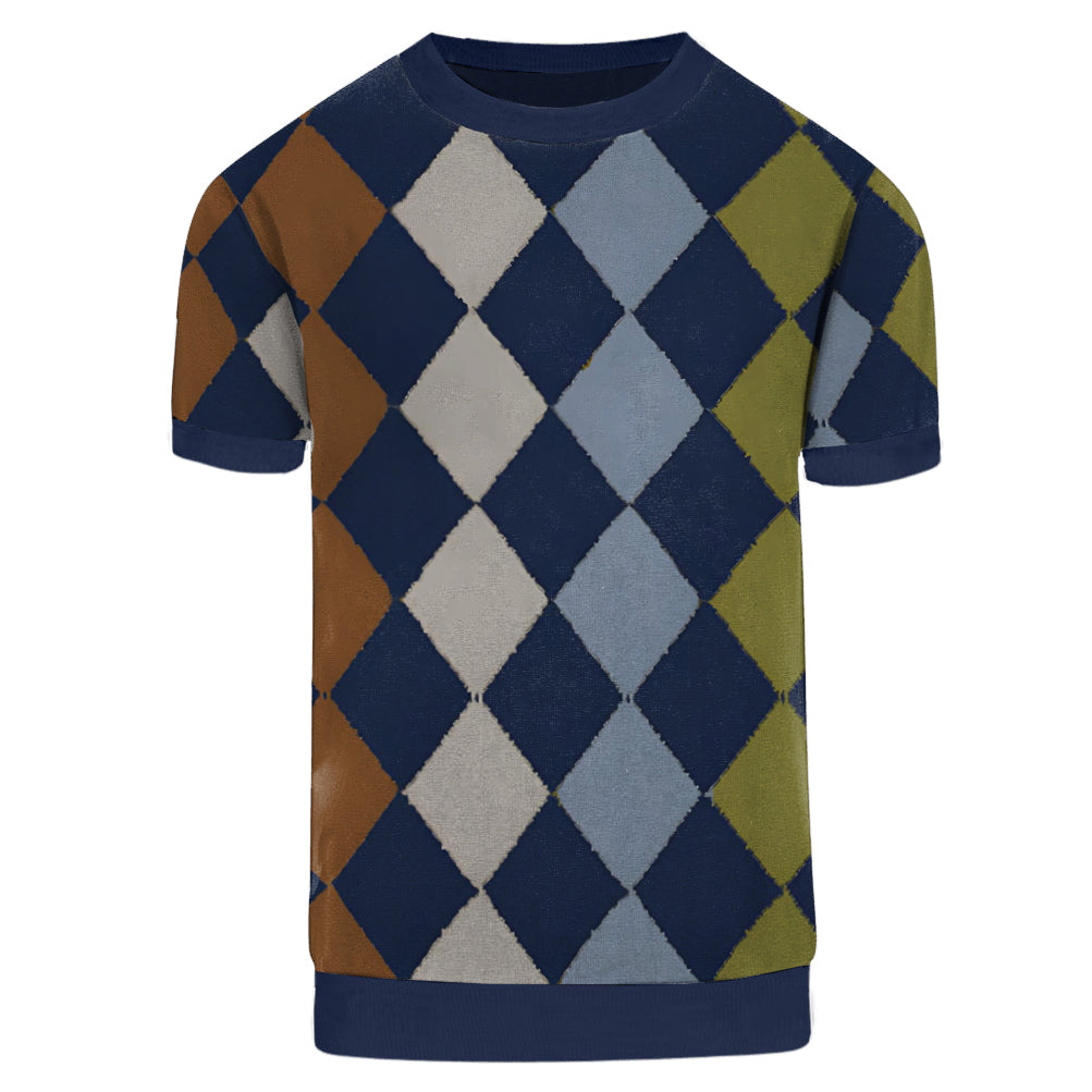 Men's dark blue diamond check knit T-shirt