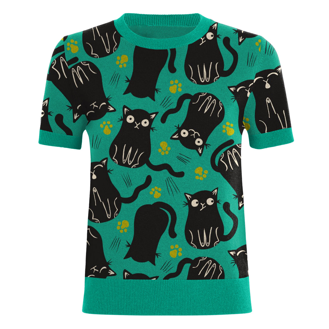 Women's green jacquard cat garden knitwear - designed by Carrie Cantwell