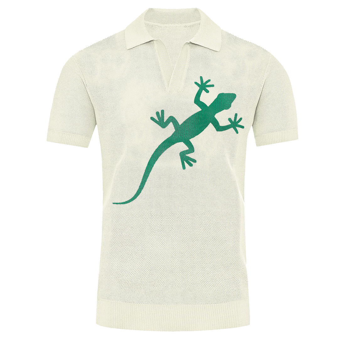 Men's white apricot animal jacquard V-neck knit polo