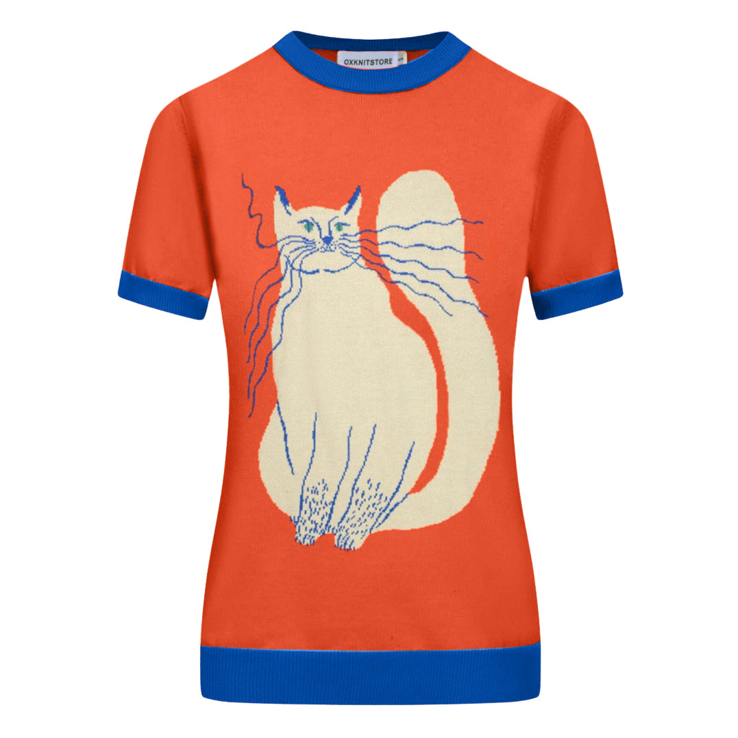 Women's Orange cat short-sleeved knitwear-Designed by Agathe Singer