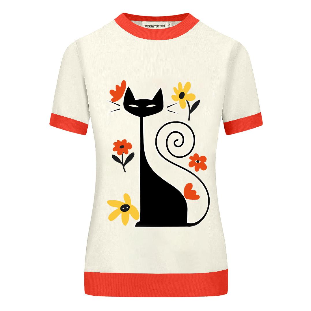 Women's Apricot cat fashion knitwear-Cropped Length-Designed by RedTango