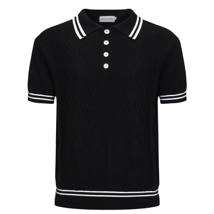 OXKNIT Men Vintage Clothing 1960s Mod Style Casual Black Knit Retro Polo