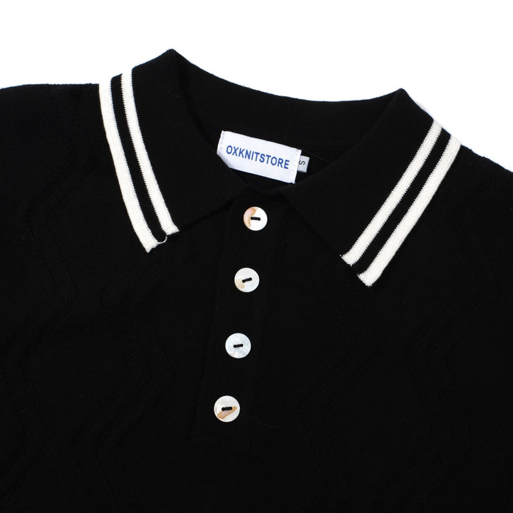 OXKNIT Men Vintage Clothing 1960s Mod Style Casual Black Knit Retro Polo