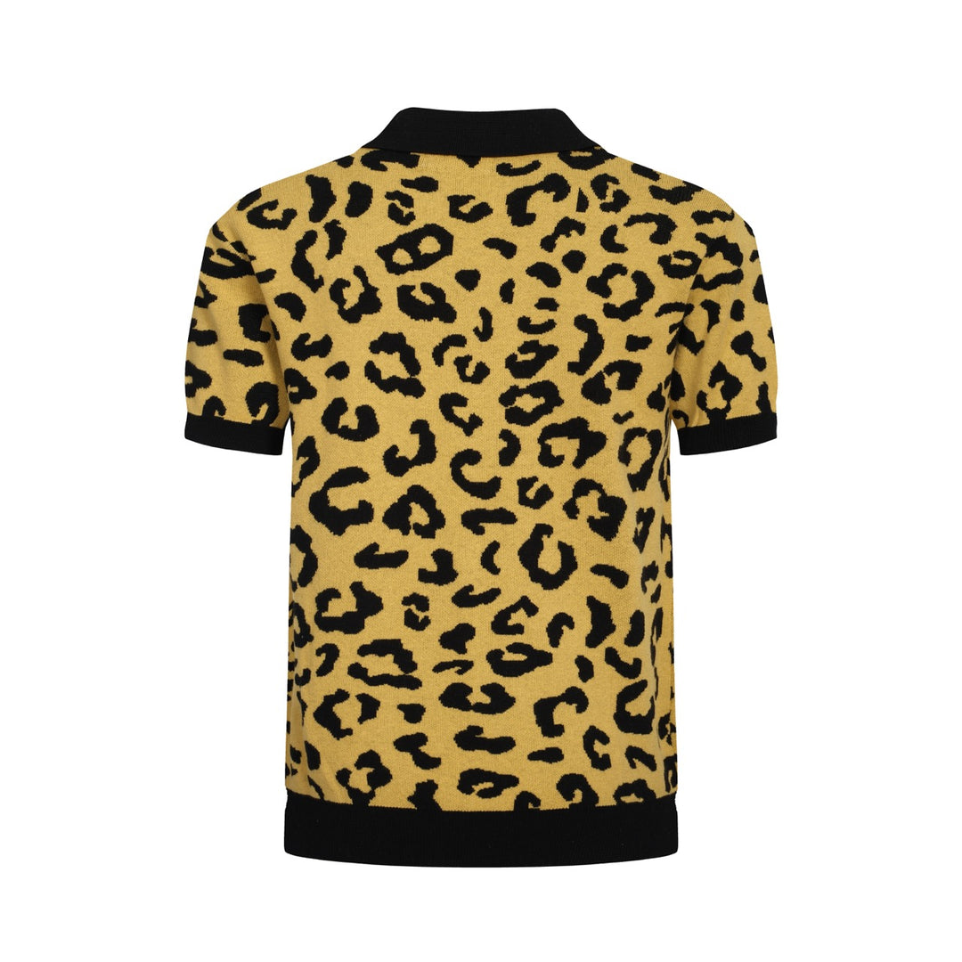 OXKNIT Men Vintage Clothing 1960s Mod Style Casual Leopard Yellow Retro Polo Shirt