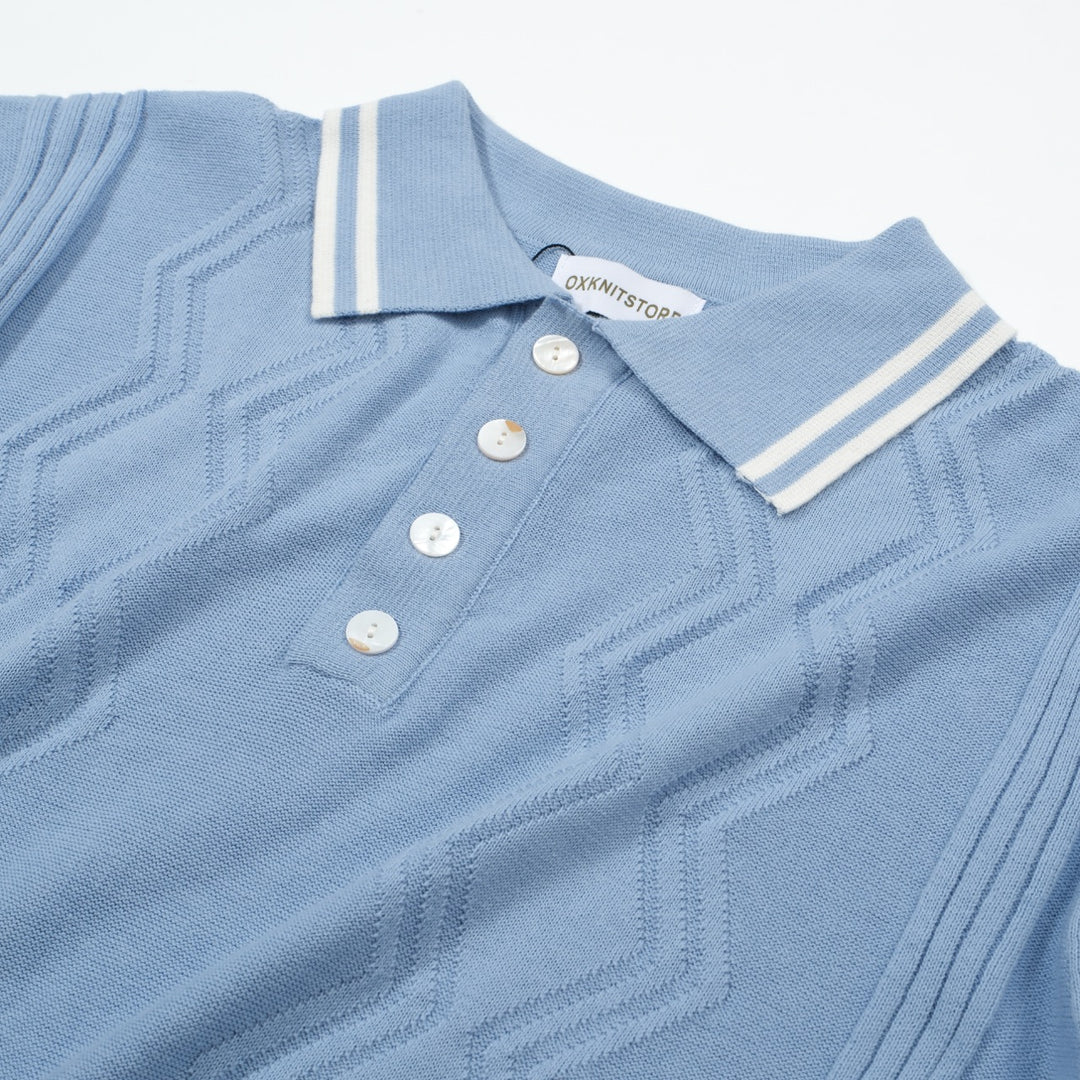 OXKNIT Men Vintage Clothing 1960s Mod Style Casual Light Blue Knit Retro Polo