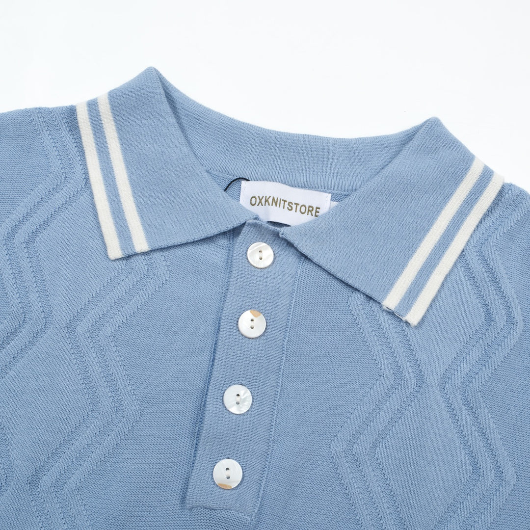 OXKNIT Men Vintage Clothing 1960s Mod Style Casual Light Blue Knit Retro Polo