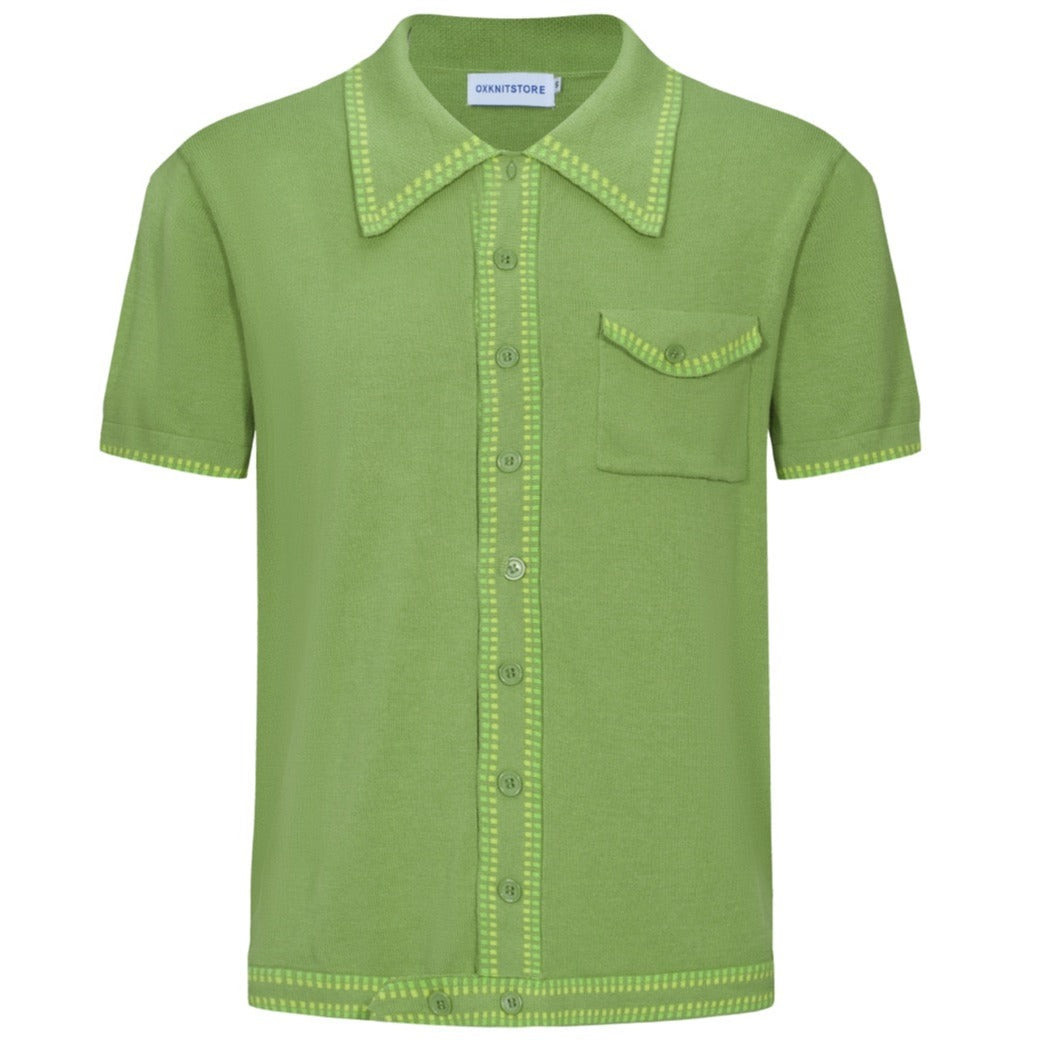 OXKNIT Men Vintage Clothing 1960s Mod Style Casual Light Green Knit Retro Polo