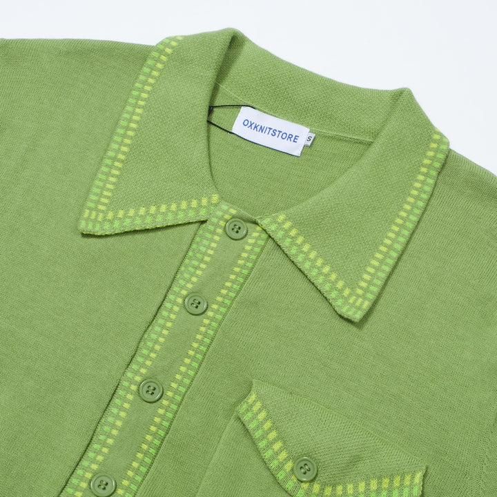 OXKNIT Men Vintage Clothing 1960s Mod Style Casual Light Green Knit Retro Polo