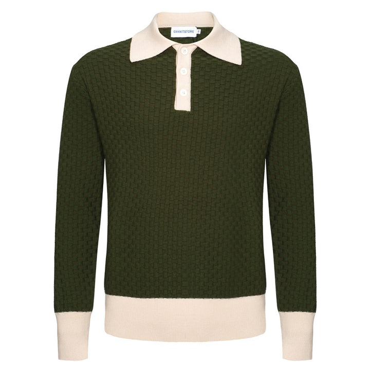 OXKNIT Men Vintage Clothing 1960s Mod Style Casual Long Sleeve Knitted Green Retro Polo