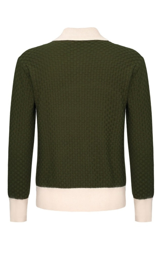 OXKNIT Men Vintage Clothing 1960s Mod Style Casual Long Sleeve Knitted Green Retro Polo