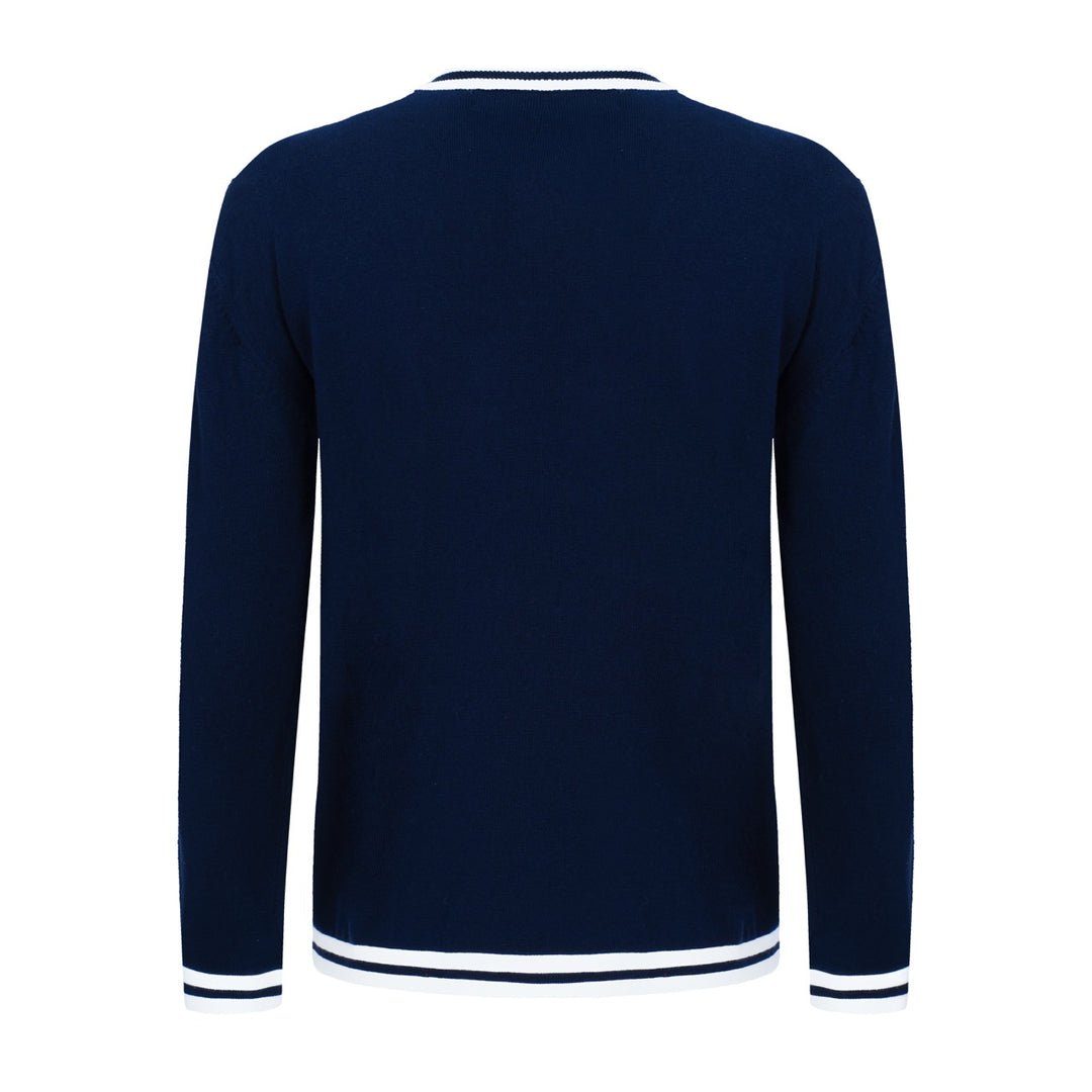 OXKNIT Men Vintage Clothing 1960s Mod Style Casual Navy Blue Knit Long Sleeve Solid Retro Tshirt