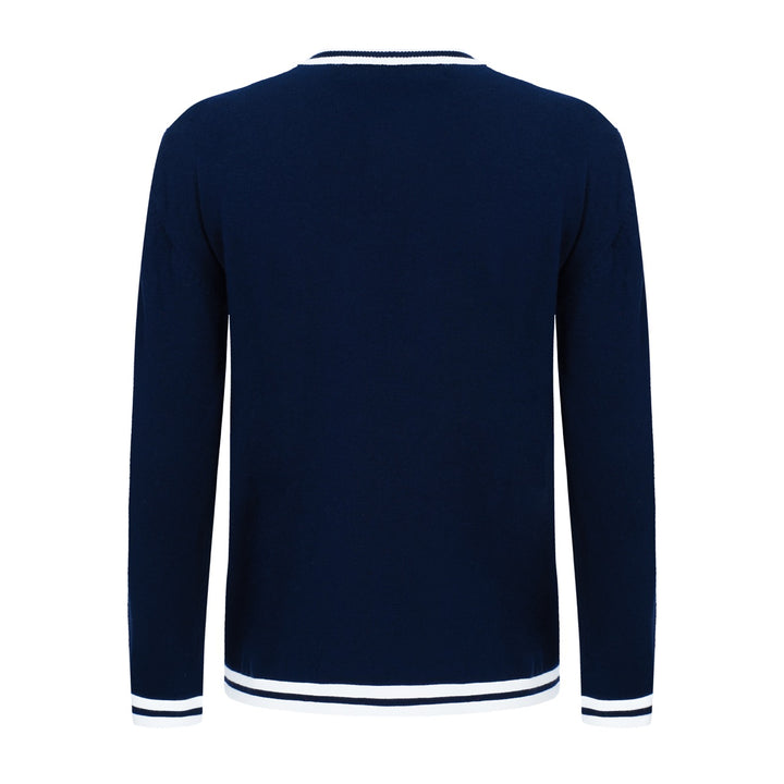 OXKNIT Men Vintage Clothing 1960s Mod Style Casual Navy Blue Knit Long Sleeve Solid Retro Tshirt