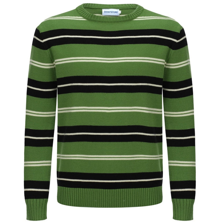 OXKNIT Men Vintage Clothing 1960s Mod Style Casual  Pinstripe Green Long Sleeve Retro Sweater