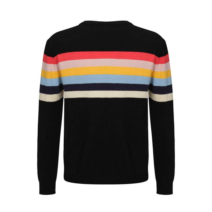 OXKNIT Men Vintage Clothing 1960s Mod Style Casual Rainbow Striped Chest Print Black Retro Sweater