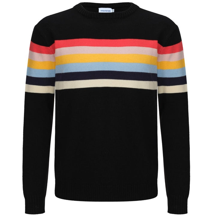 OXKNIT Men Vintage Clothing 1960s Mod Style Casual Rainbow Striped Chest Print Black Retro Sweater