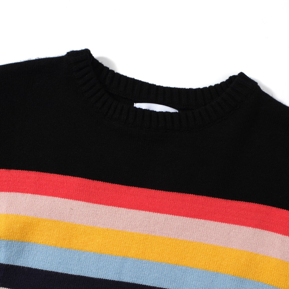 OXKNIT Men Vintage Clothing 1960s Mod Style Casual Rainbow Striped Chest Print Black Retro Sweater