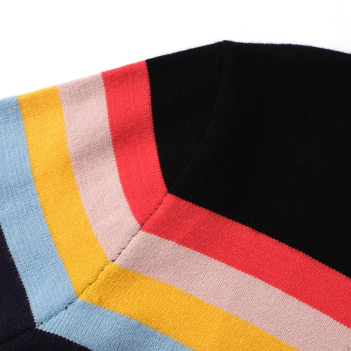 OXKNIT Men Vintage Clothing 1960s Mod Style Casual Rainbow Striped Chest Print Black Retro Sweater