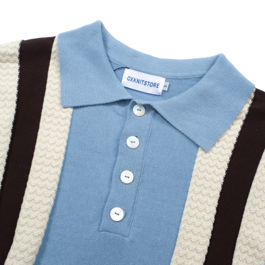 OXKNIT Men Vintage Clothing 1960s Mod Style Casual Stripe Blue Knit Retro Polo