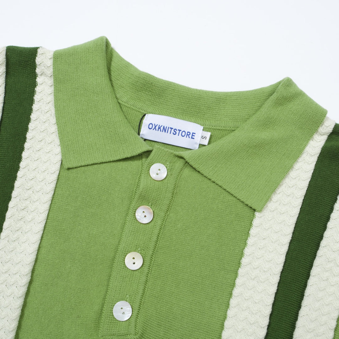 OXKNIT Men Vintage Clothing 1960s Mod Style Casual Stripe Green Knit Retro Polo