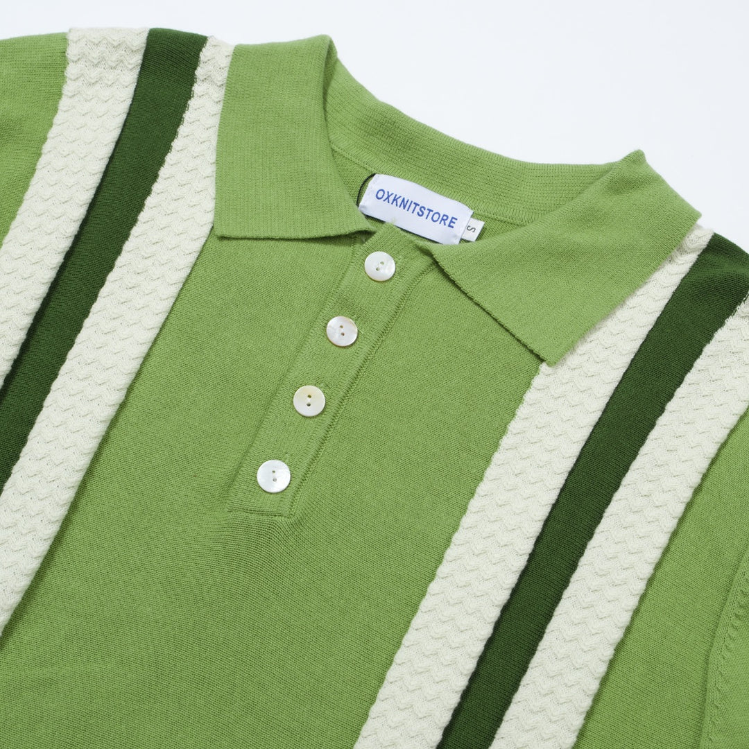 OXKNIT Men Vintage Clothing 1960s Mod Style Casual Stripe Green Knit Retro Polo