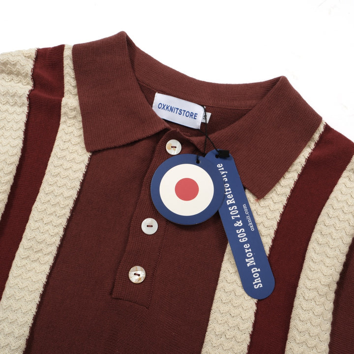 OXKNIT Men Vintage Clothing 1960s Mod Style Casual Stripe Knit Dark Brown Retro Polo