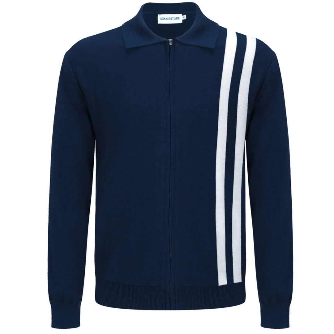 OXKNIT Men Vintage Clothing 1960s Mod Style Racing Stripe Dark Blue Knit Zip Retro Cardigan