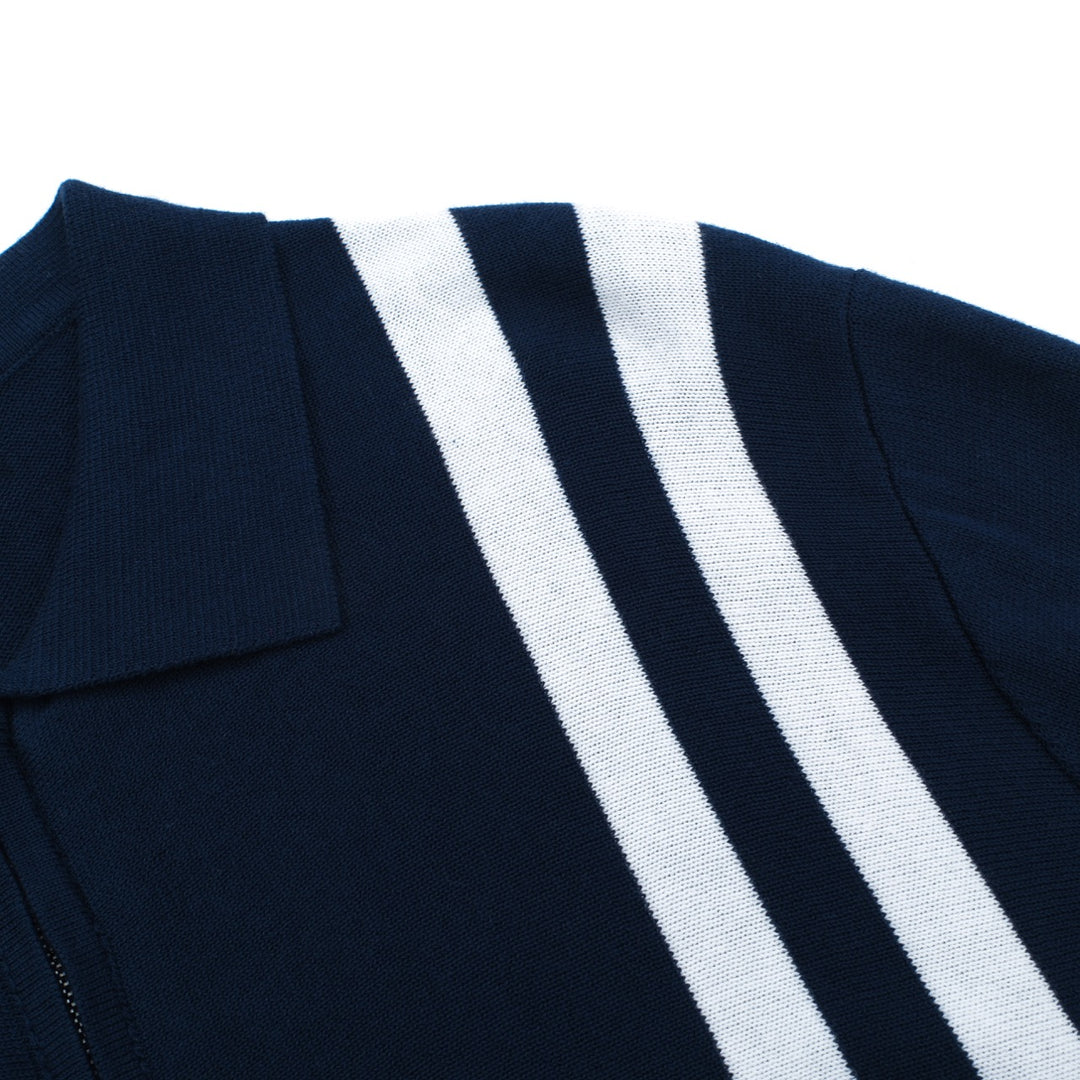 OXKNIT Men Vintage Clothing 1960s Mod Style Racing Stripe Dark Blue Knit Zip Retro Cardigan