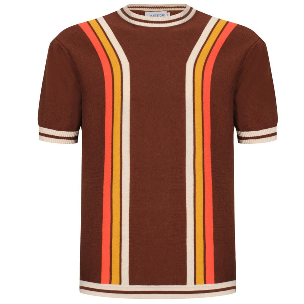 Men's Brown Knitted T-Shirt With Orange & Yellow & Ecru Waffle Stripe