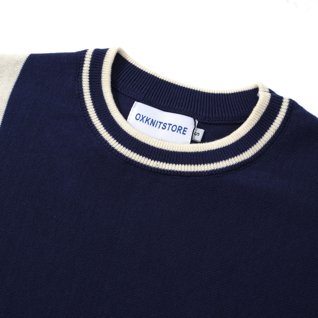 OXKNIT Men Vintage Clothing 1970s Mod Style Casual White Stripe Navy Knit Retro Tee