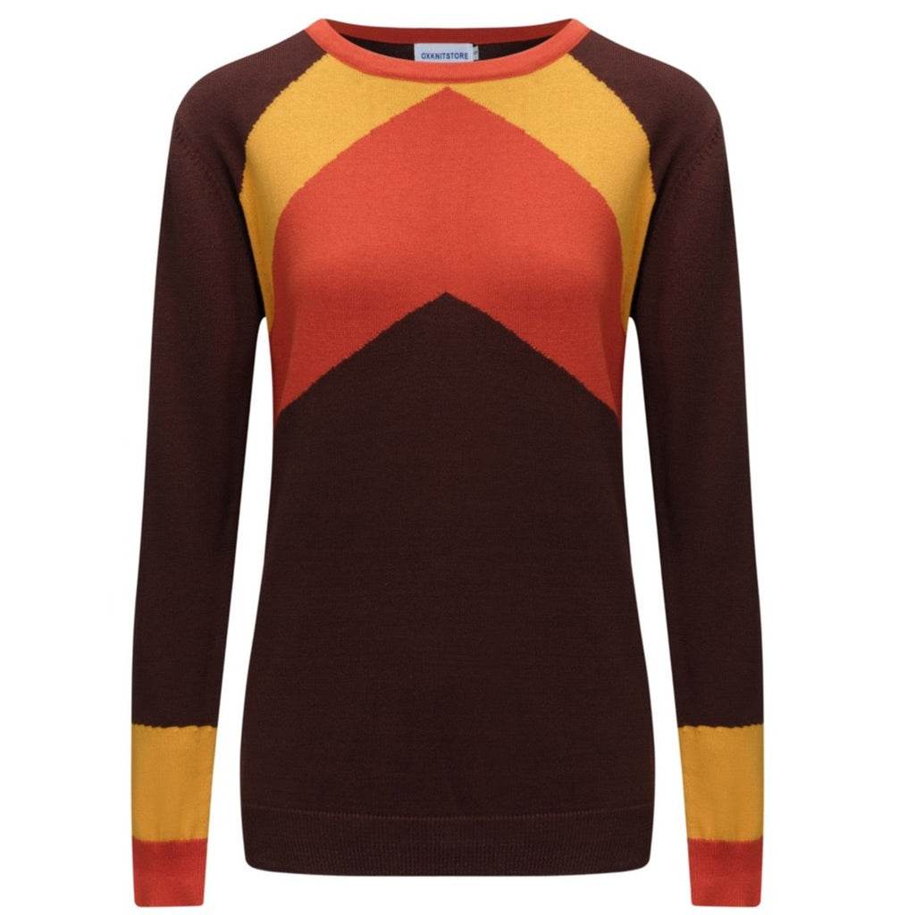 Women 1960s Retro Knitwear Long Sleeve Diagonal Stripe Orange & Brown  T-shirts