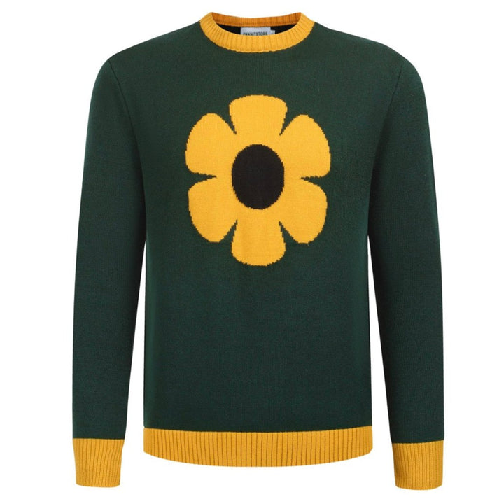 Herren -Grüne Blumenpullover - Retro Sunflower Design Strickpullover für mutige, stilvolle Looks