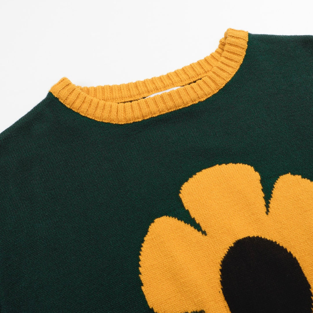 Herren -Grüne Blumenpullover - Retro Sunflower Design Strickpullover für mutige, stilvolle Looks