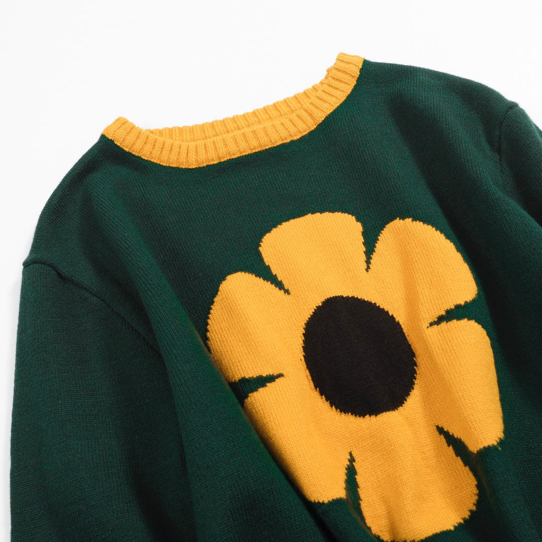 Herren -Grüne Blumenpullover - Retro Sunflower Design Strickpullover für mutige, stilvolle Looks