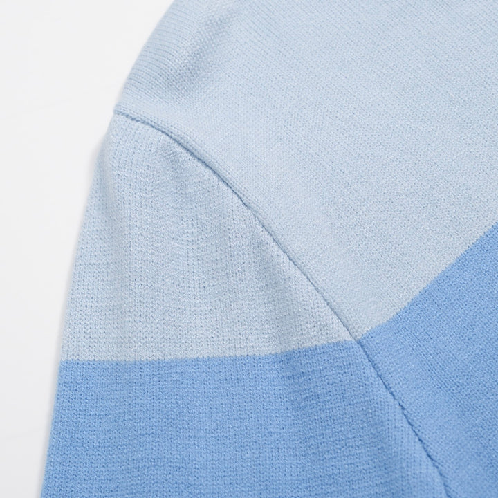 Men's Classic Blue Gradient Knit Sweater – Soft and Stylish Color Block Pullover for Timeless Comfort