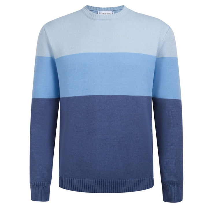 Men's Classic Blue Gradient Knit Sweater – Soft and Stylish Color Block Pullover for Timeless Comfort