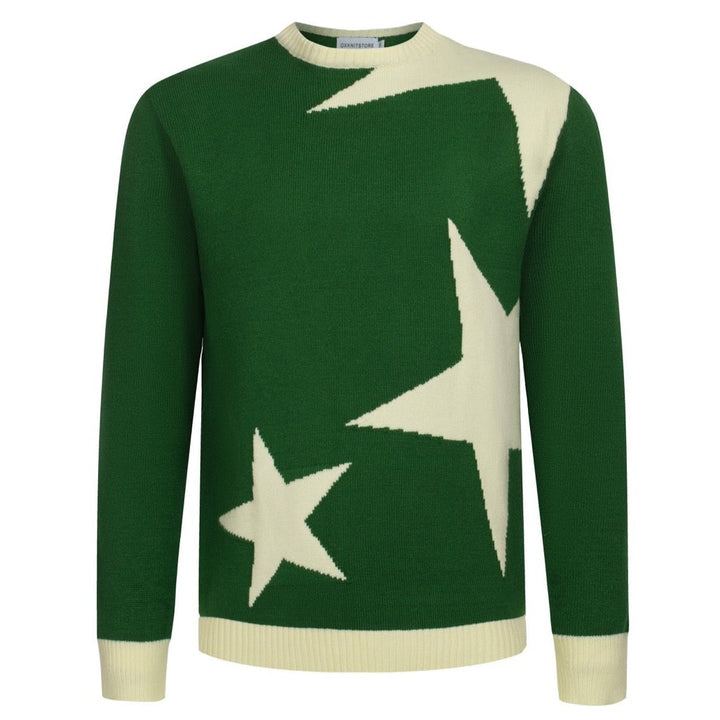 Suéter de patrones de estrellas verdes para hombres: jersey de punto gráfico en negrita con diseño retro para estilo moderno