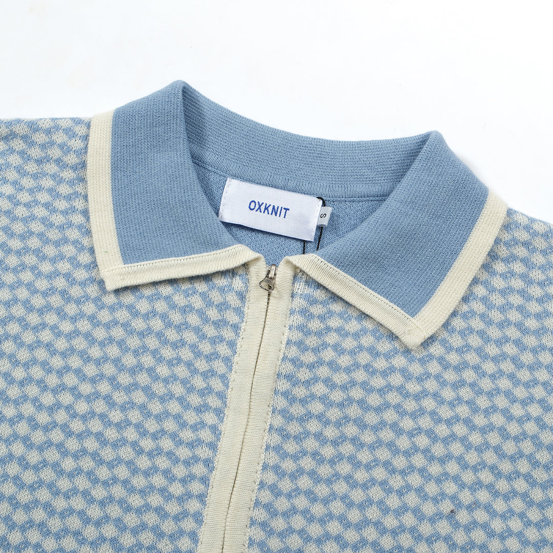 Men's Light Blue Knit Polo With Jacquard Panel