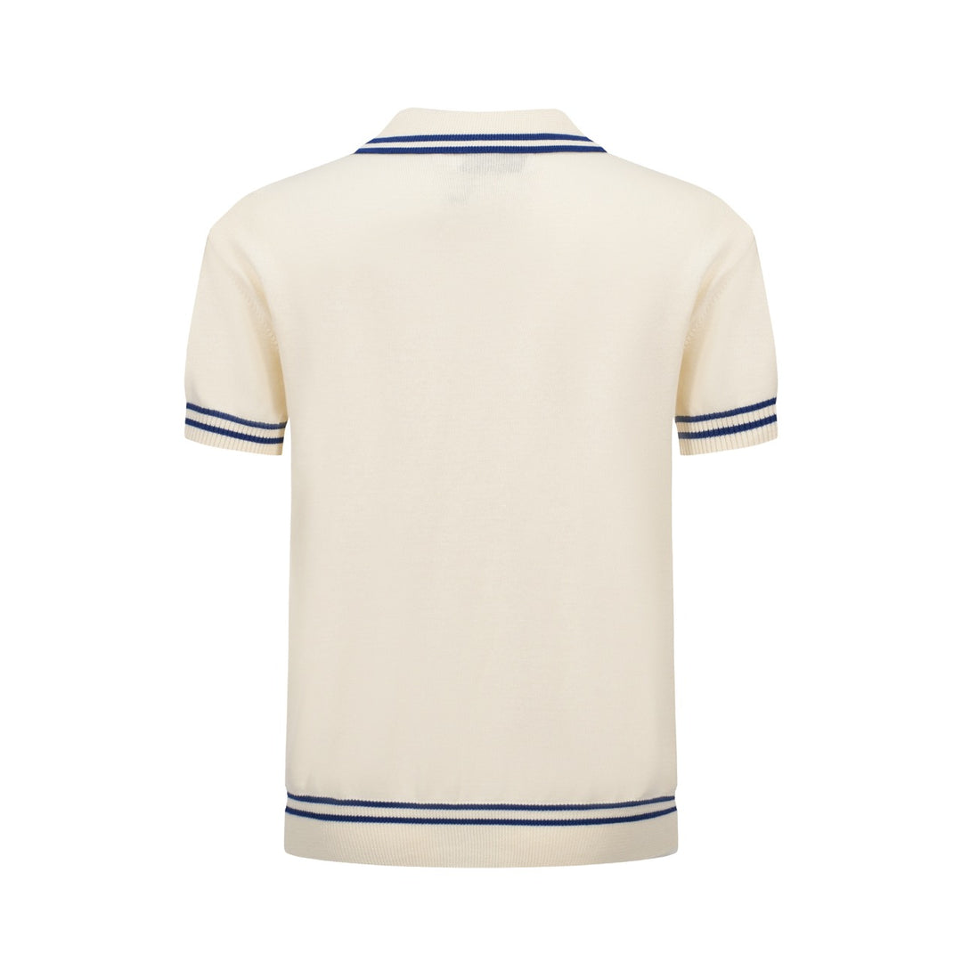 Men's White Jacquard Panel Knit Polo With Navy Blue Line Neck